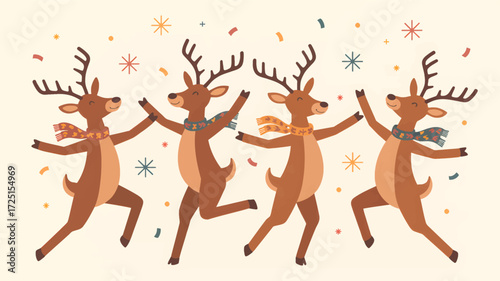Joyful reindeer dancing and celebrating in a festive winter scene with snowflakes and confetti silhouette