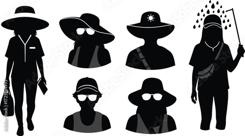 Silhouette people wearing hats sunglasses outdoor summer protection, sun safety clothing accessories, UV defense lifestyle illustration, heat prevention concept design