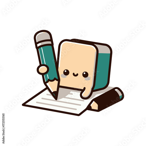 Cute cartoon character resembling an eraser writing notes on a sheet of paper with pencils