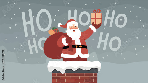 Santa claus silhouette emerging from a snowy chimney holding a gift and sack with ho ho ho text in the background