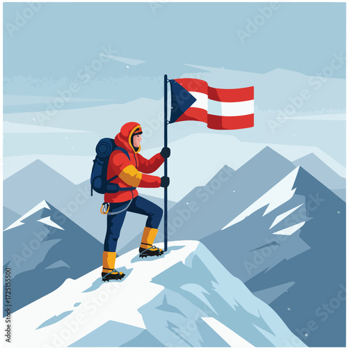 Mountaineer plants flag on snowy peak