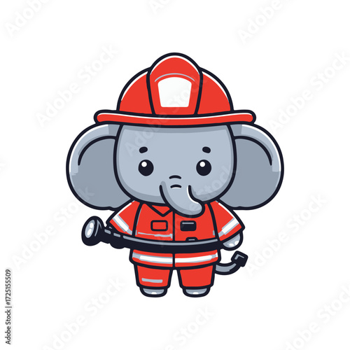 Cute cartoon elephant dressed as a firefighter, holding a hose, ready to extinguish fires