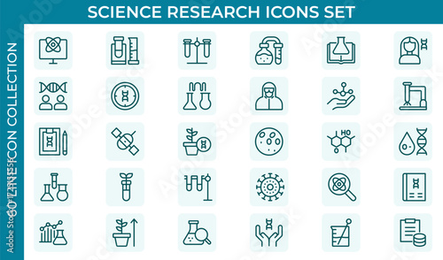 Scientific research and science line icon set. Laboratory. Chemical experience and experiment. Molecule and atom. Thin outline icons pack. Vector illustration