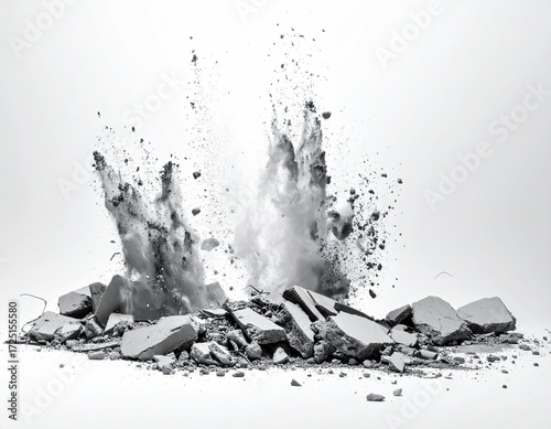 Gray concrete explodes on white background