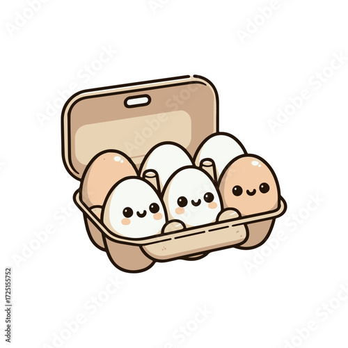 Cute cartoon illustration of smiling eggs in a carton, set against a plain background