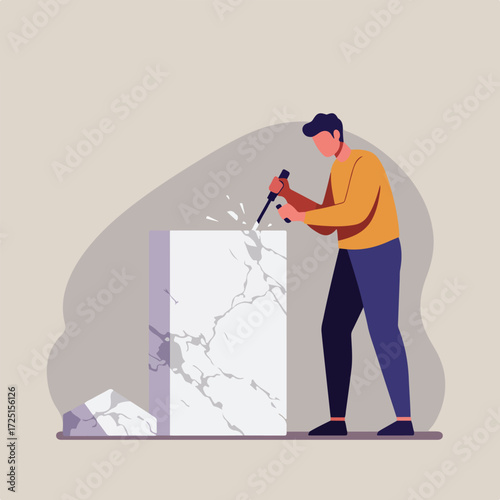 Man chiseling marble block with chisel; splinters flying off