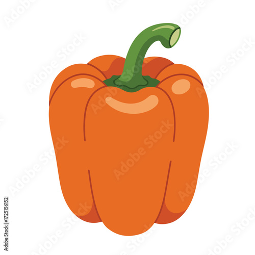 Orange bell pepper cartoon with green stem, set on a white background