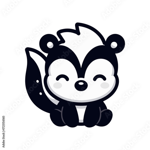 Cute cartoon skunk character sitting happily, with a simple white background, ideal for children's media