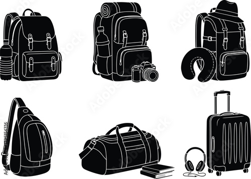 Travel and everyday bags collection, backpacks, duffel bag, sling bag, rolling suitcase, hiking gear, headphones, book, silhouette illustration set