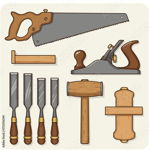 Cartoon illustration of carpentry tools arranged against a light background