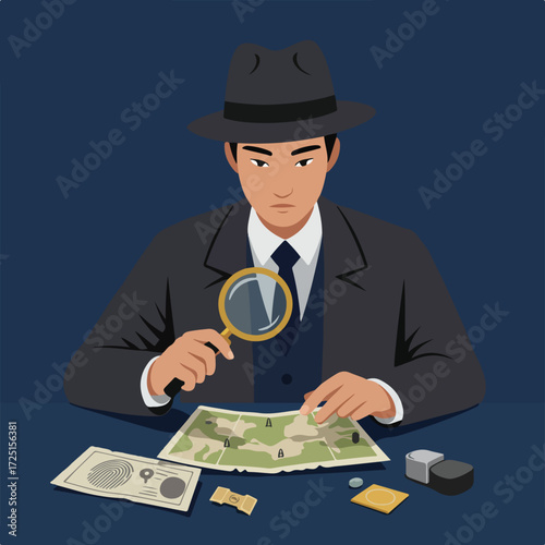 Detective examines map with magnifier
