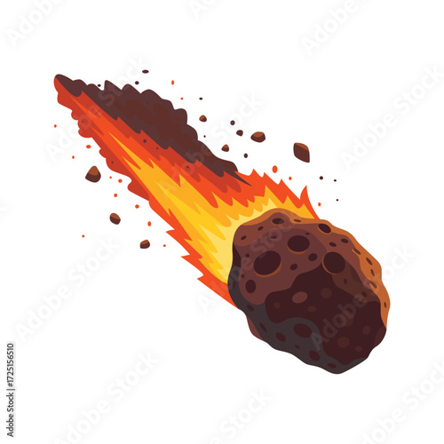 A meteorite is streaking through space with a fiery trail, isolated on a white background. 