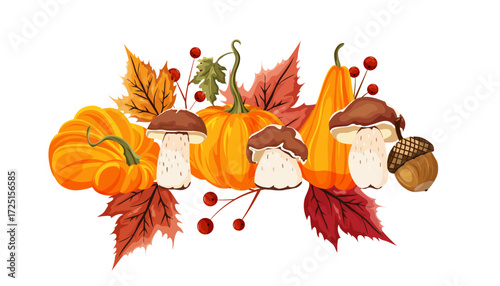 Autumn composition with pumpkins, mushrooms, colorful leaves, berries and acorn on white background. Vector illustration. Fall Autumn concept. 