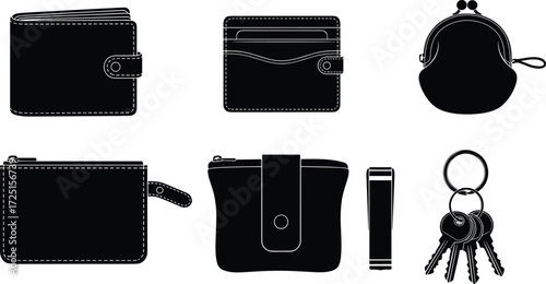 Wallets and pouches collection, coin purse, cardholder, zip pouch, flashlight or lipstick tube, keyring with keys, everyday carry silhouette set