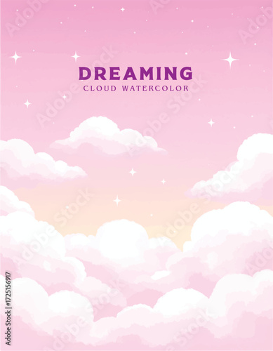 Sugar watercolor cotton pink clouds vector design background
