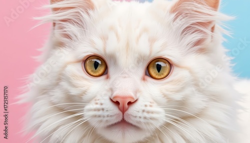 White cat with golden eyes looking directly at the camera  