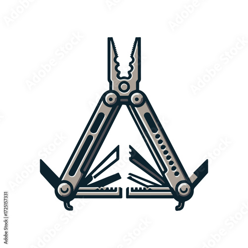 Multi-tool with pliers and various blades displayed in a symmetrical arrangement