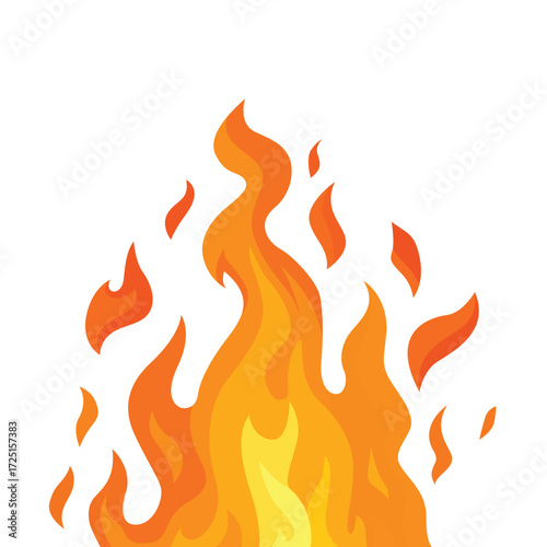 Fiery flames fiercely, isolated on white background.