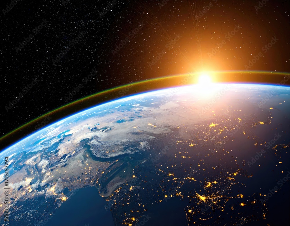 Obraz premium Earth seen from space at sunrise, with city lights