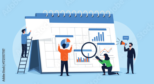 Team analyzing financial data chart and calendar planning business growth strategy vector