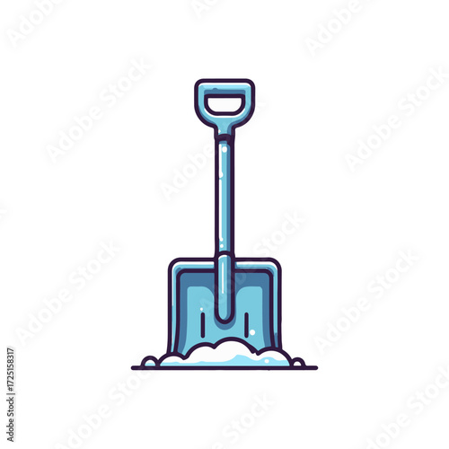 A blue snow shovel standing upright in a pile of fresh snow against a clear background