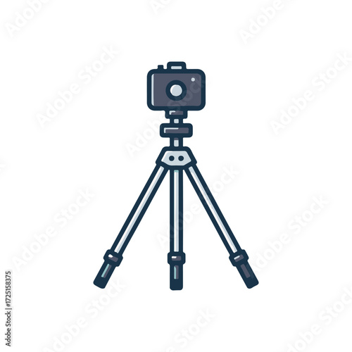 A camera mounted on a tripod, set against a minimalist background, ideal for photography
