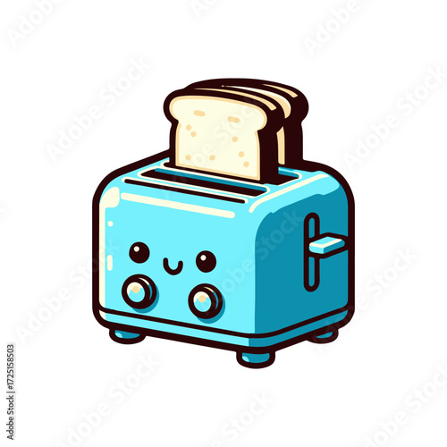 A cheerful blue toaster popping up golden-brown toast in a bright kitchen setting