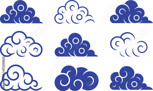 Collection of Nine Stylized Blue Clouds with Swirling Designs