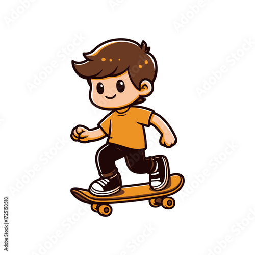 A cheerful boy skateboarding in a vibrant urban setting with a lively background