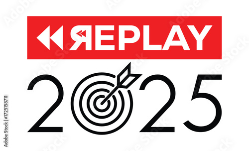 Minimalist 2025 logo design with bold black numerals above a red bar. White text "REPLAY" with rewind and play symbols inside. Clean, modern, flat graphic style on white background.	