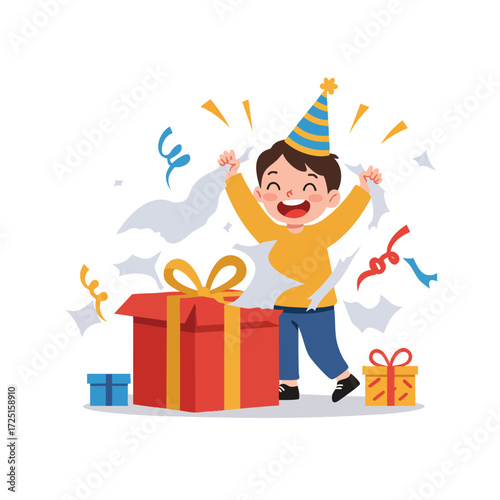 a child in a conical birthday hat, enthusiastically tearing wrapping paper off a large box, with ribbons and paper scattered around him