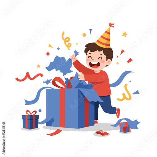 a child in a conical birthday hat, enthusiastically tearing wrapping paper off a large box, with ribbons and paper scattered around him
