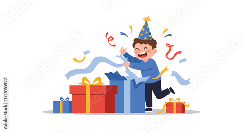 a child in a conical birthday hat, enthusiastically tearing wrapping paper off a large box, with ribbons and paper scattered around him