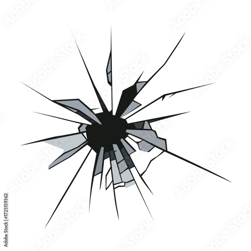 A massive black hole shatters glass with cracks spreading outward, isolated on a white background. 