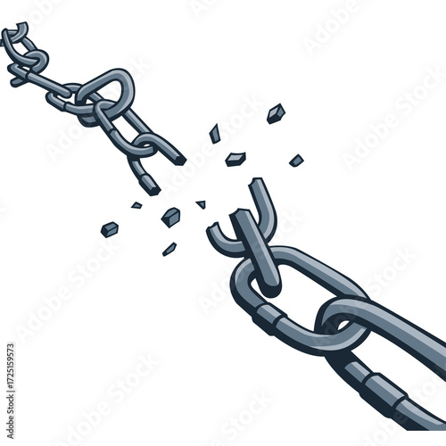 Broken gray metal chain, symbolizing freedom and release, isolated on white background. 
