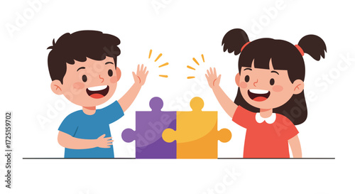two children, a boy and a girl, giving each other a high five with big smiles after completing a puzzle together.