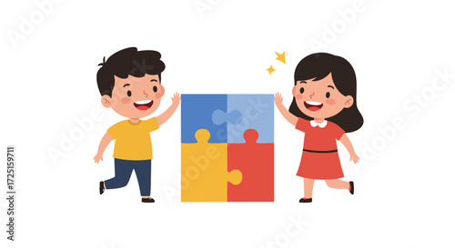 two children, a boy and a girl, giving each other a high five with big smiles after completing a puzzle together.