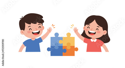 two children, a boy and a girl, giving each other a high five with big smiles after completing a puzzle together.
