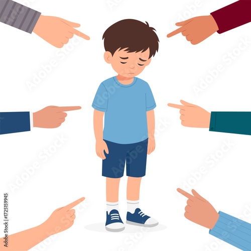 Different hands indicate a frightened boy. A victim of bullying.National bullying prevention month vector illustration