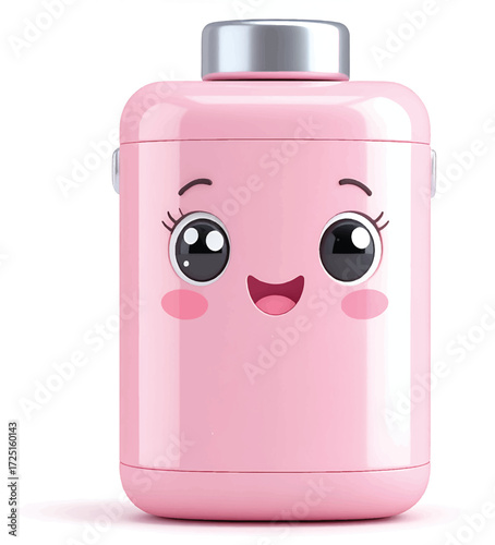 Adorable pink water bottle with kawaii face, perfect for kids' hydration and cute product designs, ideal for back to school promotions and creative campaigns
