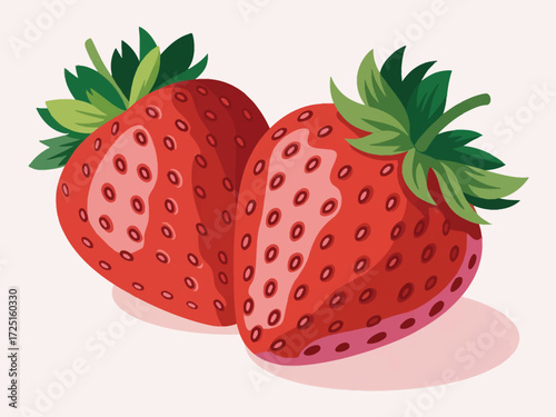 Vector illustration of two ripe red strawberries with green leaves on a light background