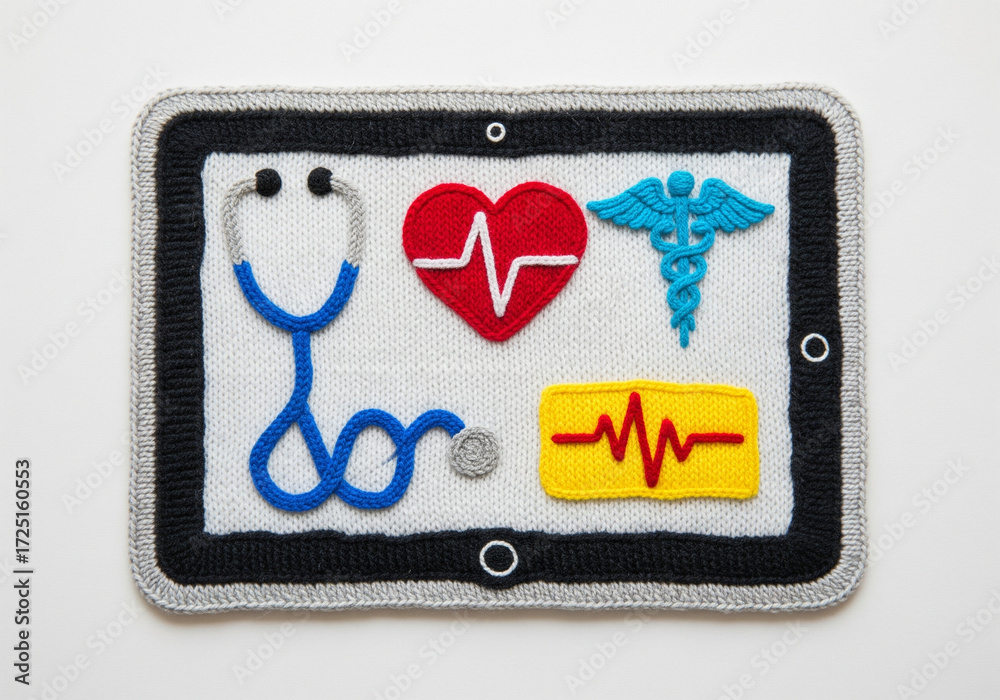Obraz premium Digital Health Tablet Displaying Medical Symbols in Knitted Design