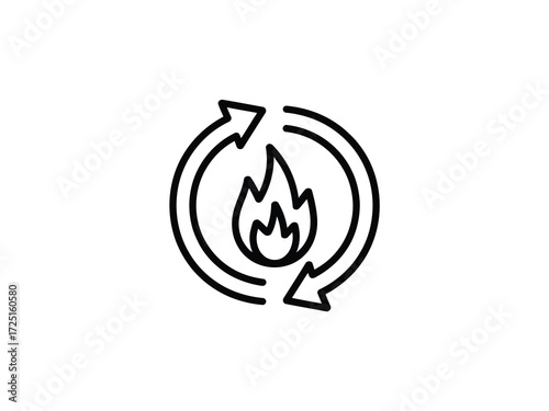 Vector illustration of line art icon of fire with circular arrows on white background