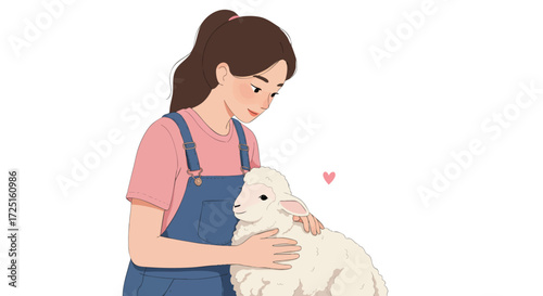 Flat Illustration of a Young Woman in Pink Shirt Petting a Cute White Lamb

