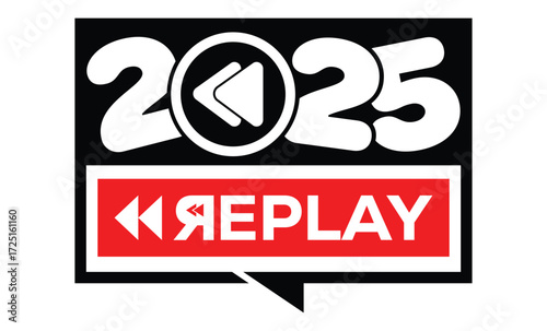 Minimalist 2025 logo design with bold black numerals above a red bar. White text "REPLAY" with rewind and play symbols inside. Clean, modern, flat graphic style on white background.	