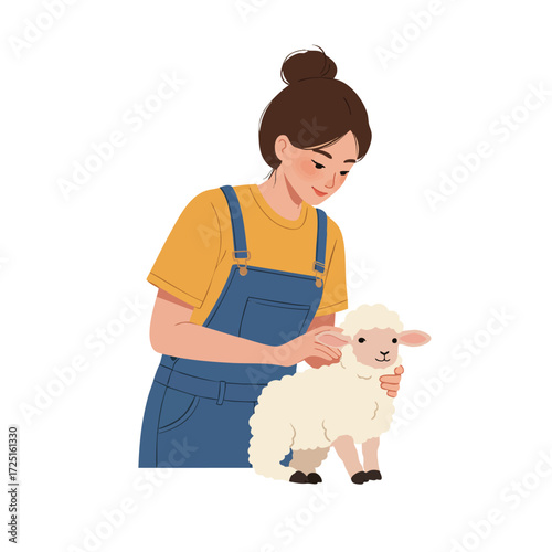 Flat Illustration of a Young Woman Caring for a Cute Baby Sheep