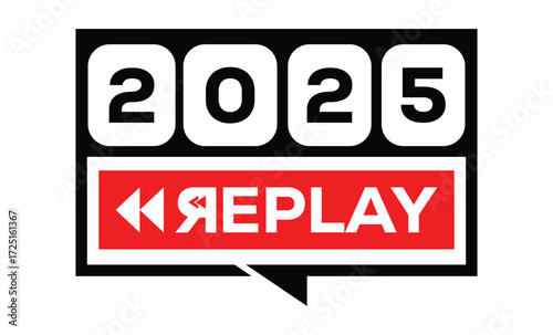 Minimalist 2025 logo design with bold black numerals above a red bar. White text "REPLAY" with rewind and play symbols inside. Clean, modern, flat graphic style on white background.	