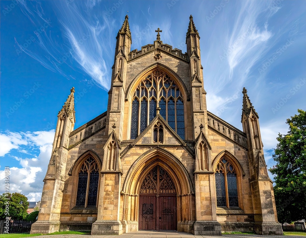 Fototapeta premium Ancient Stone Church Facade Under Blue Sky