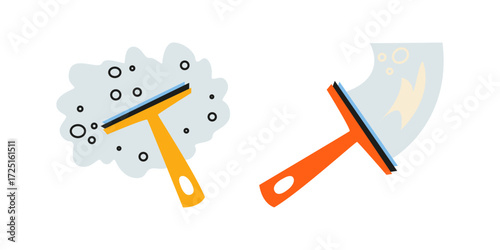 Cleaning vector elements. Window cleaning brush in cartoon flat style. Washing glass with a squeegee. Clean house isolated illustration