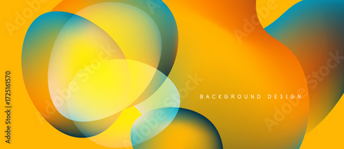 Abstract fluid shapes overlap, creating vibrant yellow, orange, teal gradients. Modern design feels energetic, dynamic. Background suggests movement, depth.